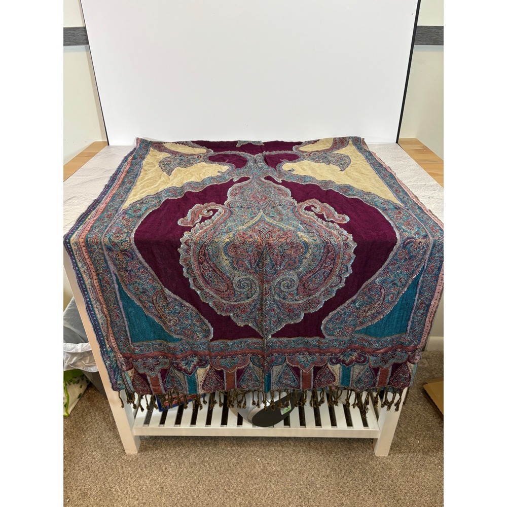 Bohemian Paisley Pashmina Shawl Purple Teal Gold Jacquard Tassel Fringe Wrap